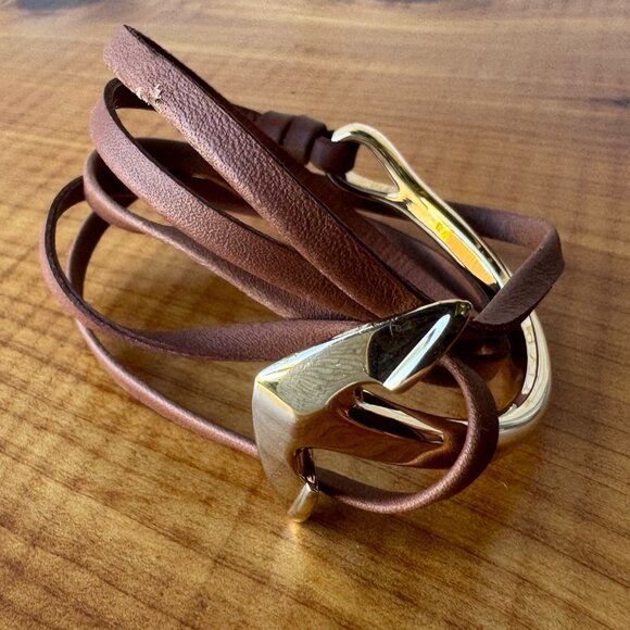 Miansai Anchor Gold Tone Half Cuff Brown Leather Women's Bracelet - Picture 2 of 5